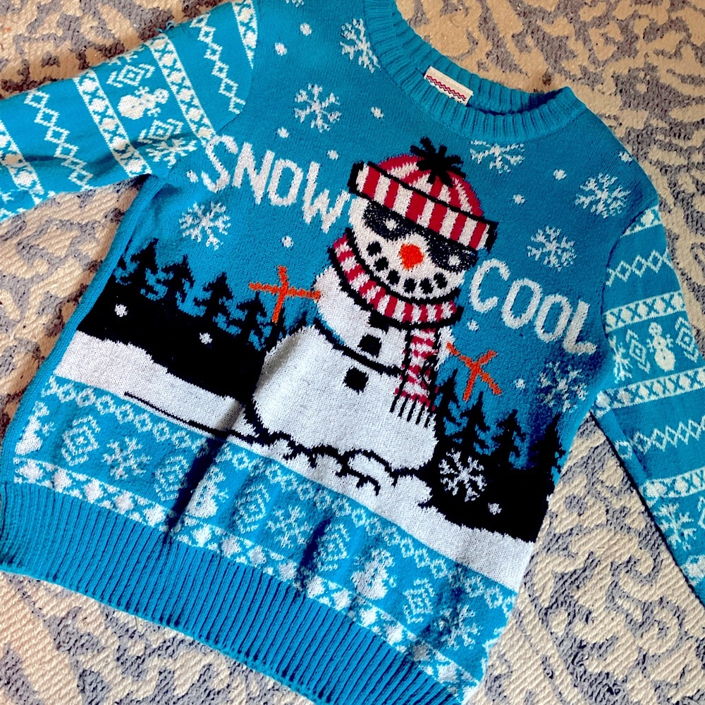 Ugly Christmas Knit Sweater Childrens XS. Blue Snowman So Cool